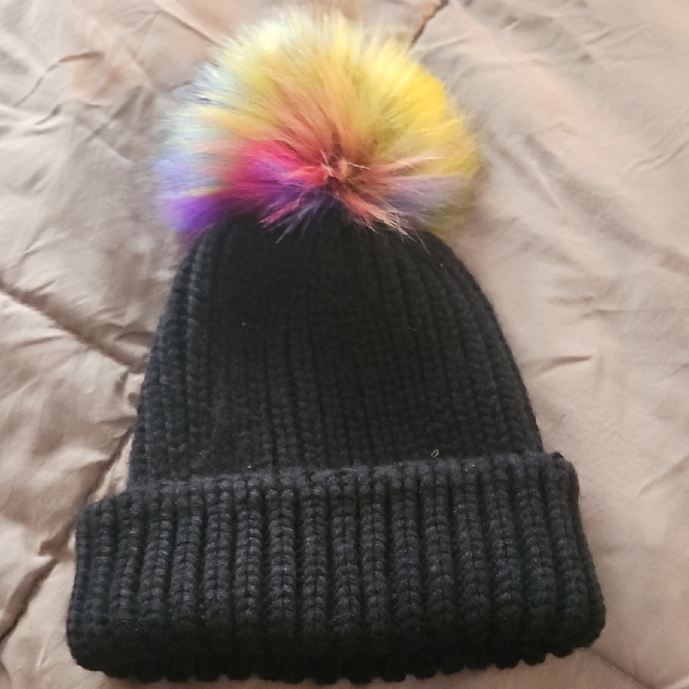 Womens Black Beanie with Rainbow Pom-Pom